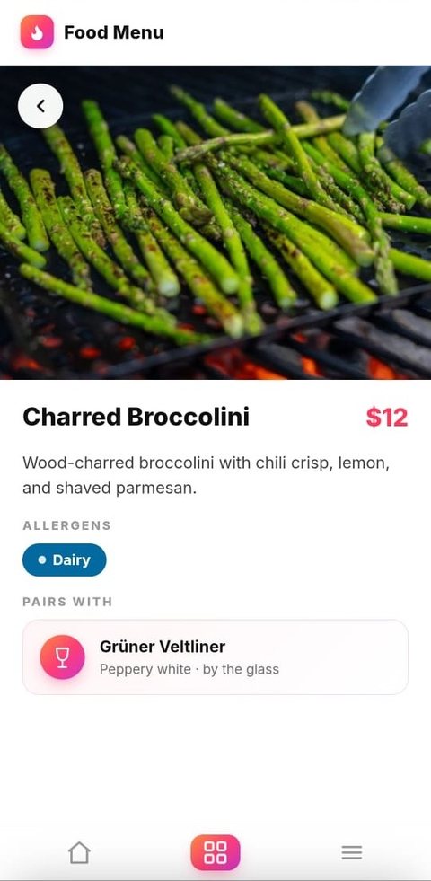 A dish detail in Crewli with its photo, description, allergens and wine pairing