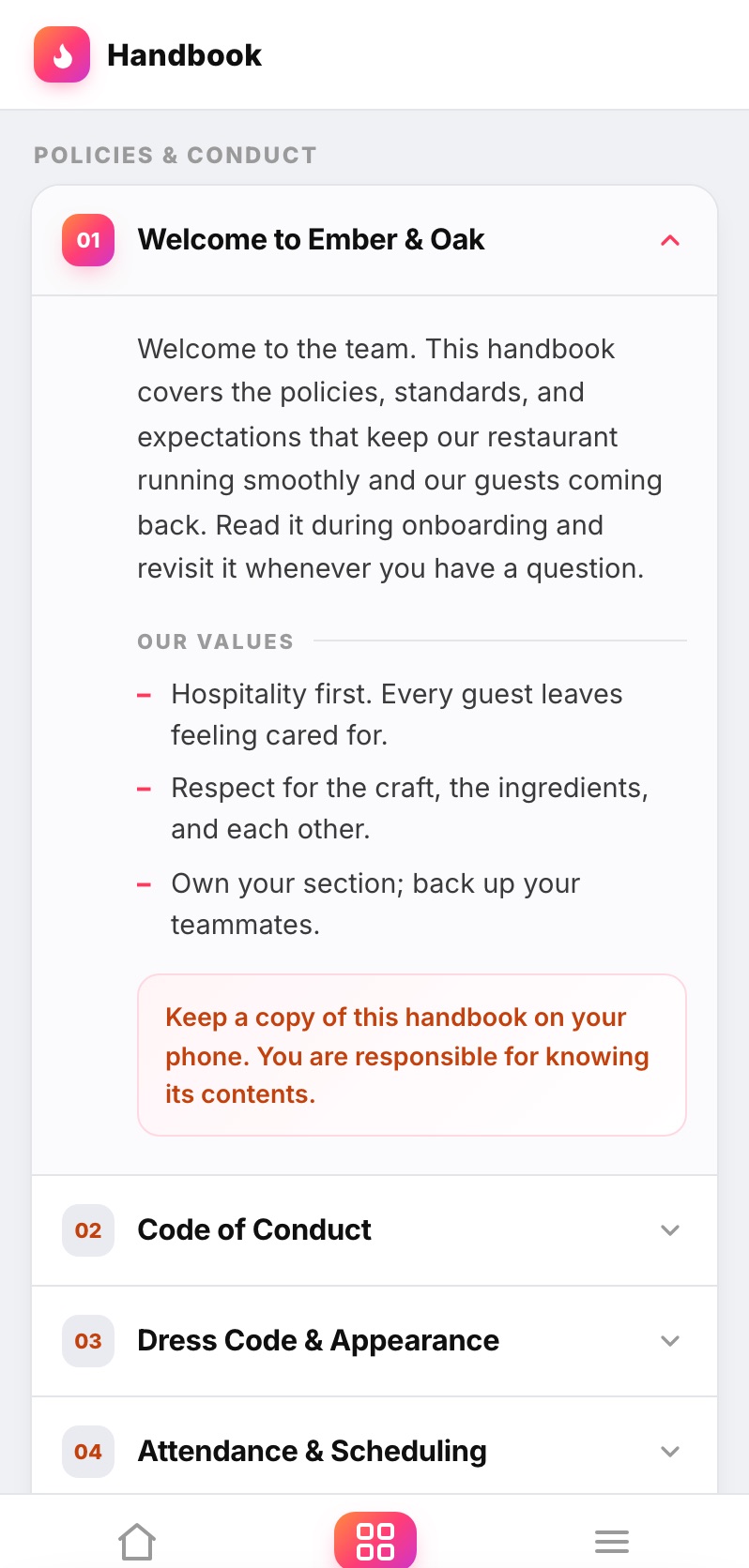 The Ember and Oak employee handbook in Crewli, with policies grouped into numbered sections