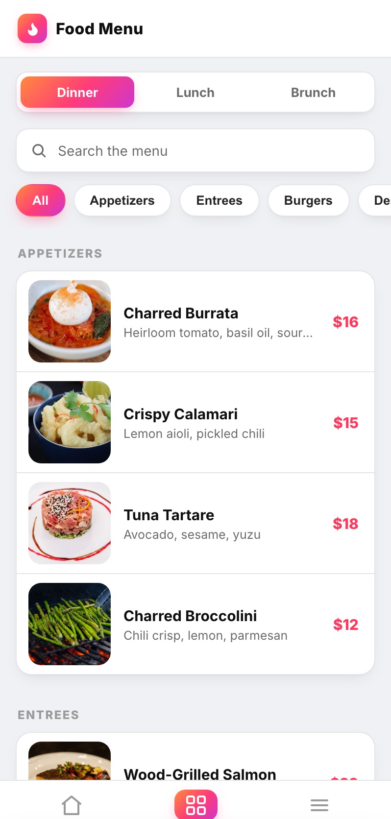 The Ember and Oak food menu in Crewli with dish photos, prices and course filters