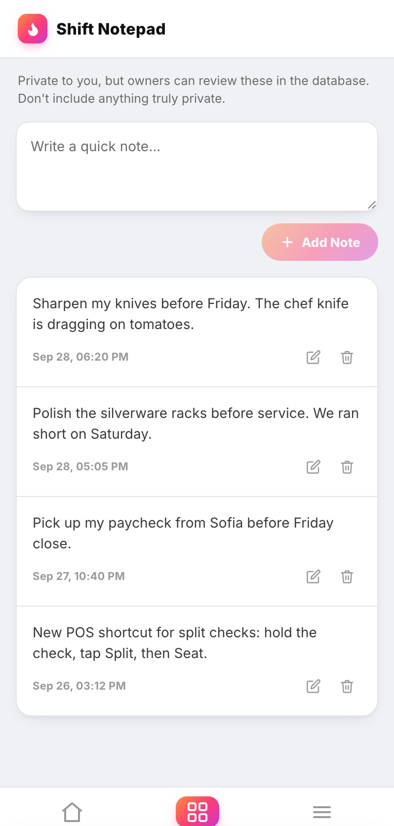 Crewli shift notes, each one stamped with the date and time it was written