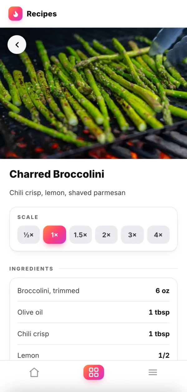 The Charred Broccolini recipe in Crewli with a dish photo, batch scaling and ingredient quantities