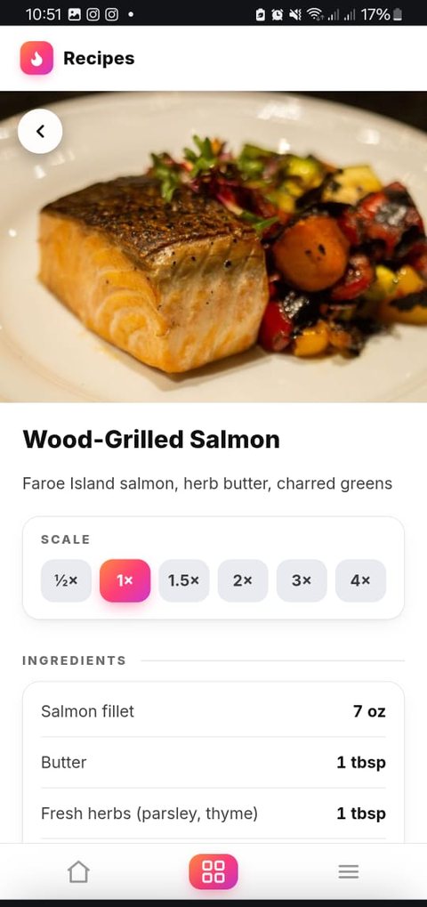 A wood-grilled salmon recipe in Crewli with the plate photo, batch scale buttons and ingredient quantities