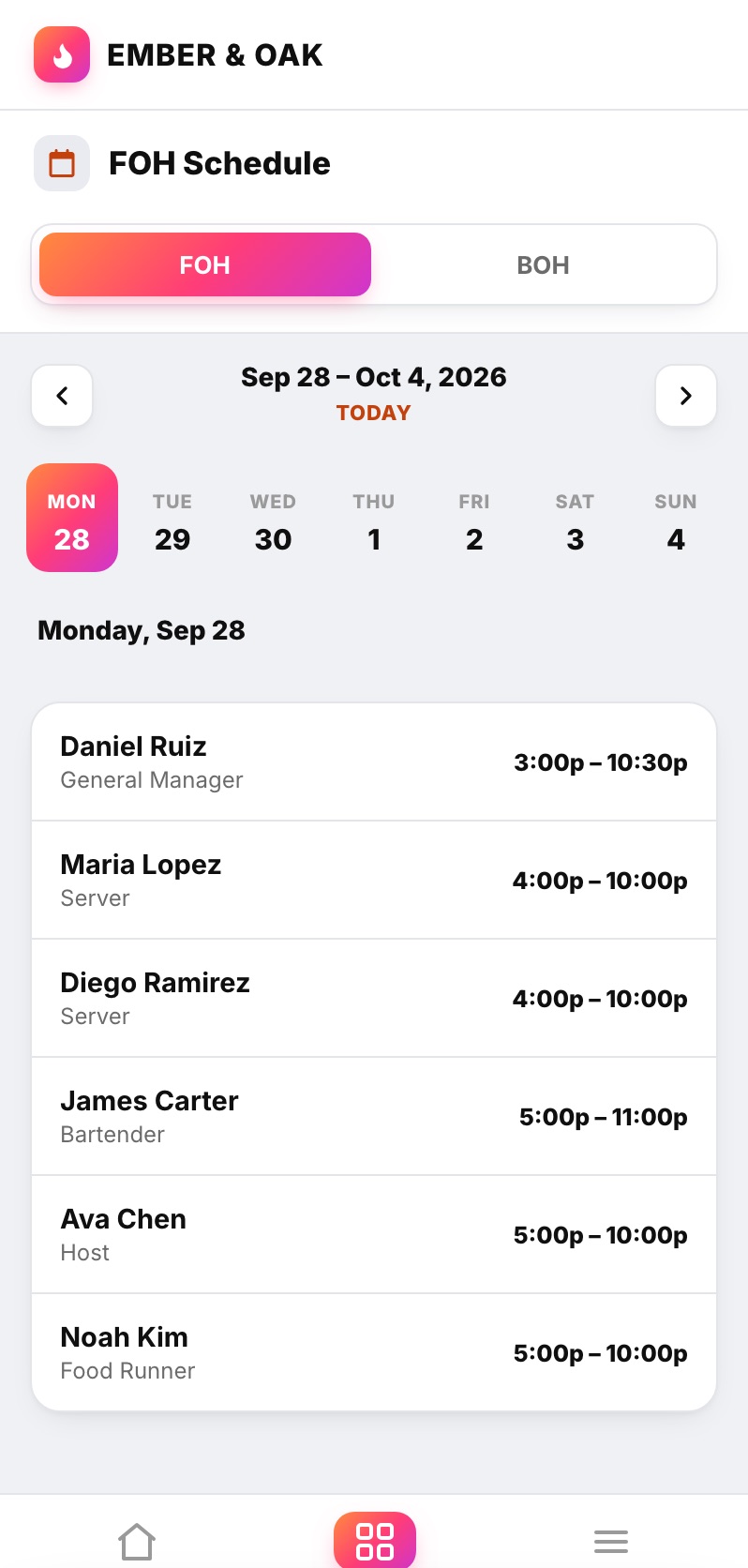 The Ember and Oak front of house schedule in Crewli, showing who works tonight and when