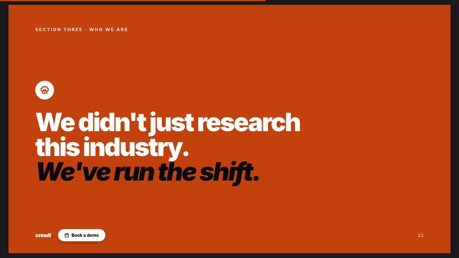 Crewli sales deck slide 11: we did not just research restaurants